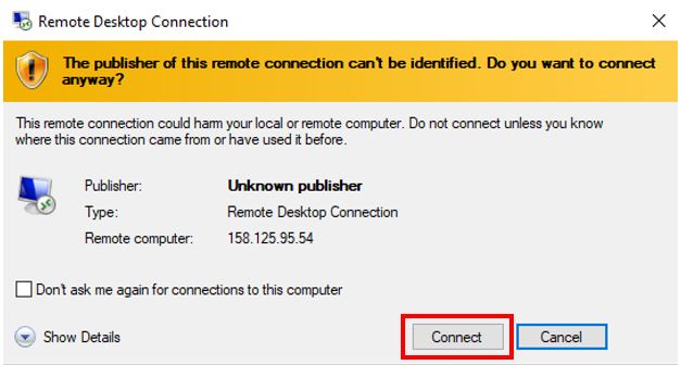 Remote Desktop Connection prompt box with the computer logo
